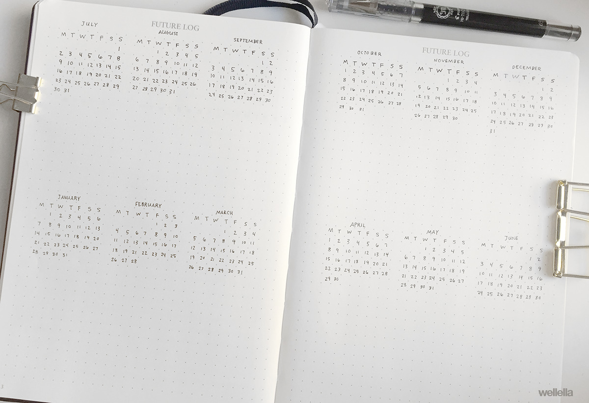 a dot grid notebook open on a table showing an example of a future log. 12 mini calendars are organized across the pages.