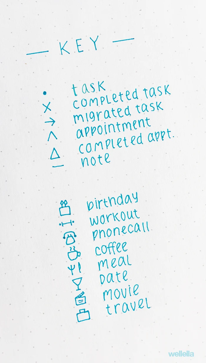 An example of a bullet journal key written in bright blue ink.