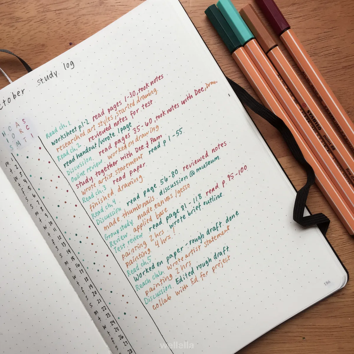 A page in a dot grid notebook showing a handwritten study log for October, with study activities marked in a chart with different colored pens.