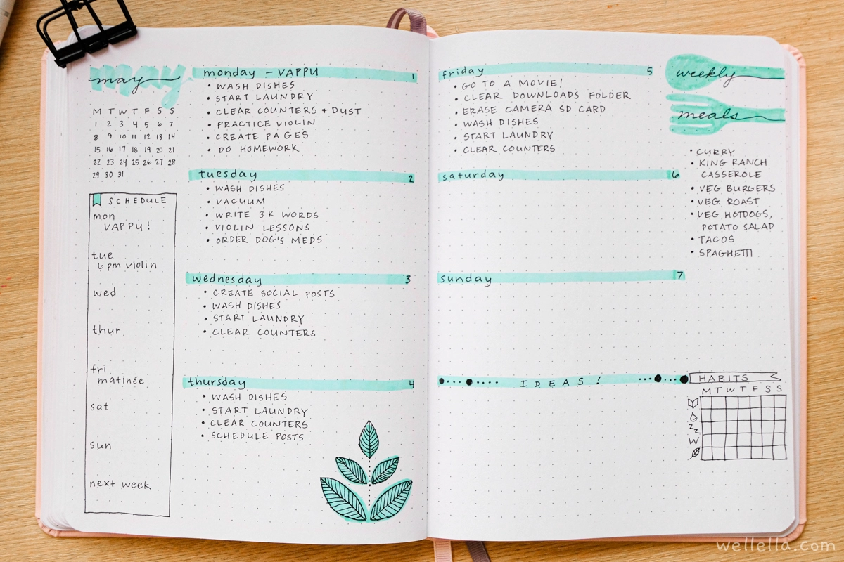 An open notebook on a wood table. The notebook has a weekly spread containing a mini calendar, weekly schedule area, the days of the week laid out evenly with some notes under each day, a habit tracker, and a weekly meal plan.