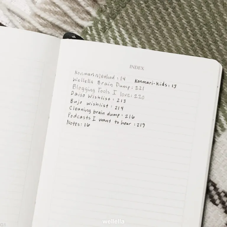 A bullet journal notebook open to a page labeled "INDEX" with handwritten pages and page numbers in a table.